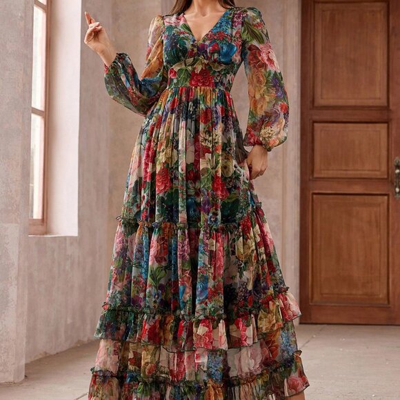 Multicolor Elegant Women's Floral Long Sleeve Frill Trim Maxi Dress - Picture 3 of 6